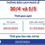 Thông báo lịch nghỉ lễ 30/4 và 1 tháng 5 năm 2024